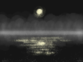 Colorful hand drawn night lake with moon on the dark blue background with watercolor and chalk texture, illustration painted by watercolor on canvas, high quality