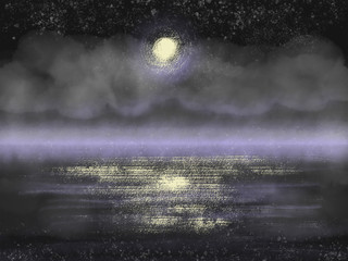 Colorful hand drawn night lake with moon on the dark blue background with watercolor and chalk texture, illustration painted by watercolor on canvas, high quality