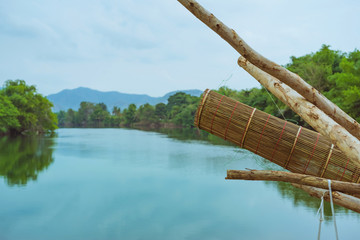 Ancient bamboo fish trap equipment of countryside, Thailand