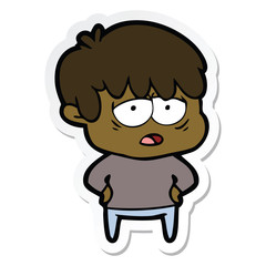 sticker of a cartoon exhausted boy