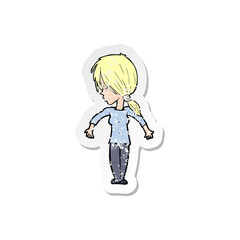retro distressed sticker of a cartoon woman shrugging shoulders