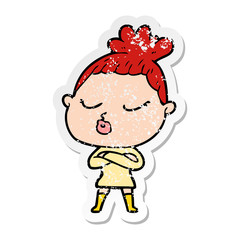 distressed sticker of a cartoon calm woman