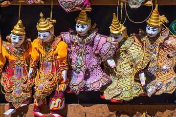 Traditional handicraft puppets for sale  in the ancient pagoda in Bagan, Myanmar
