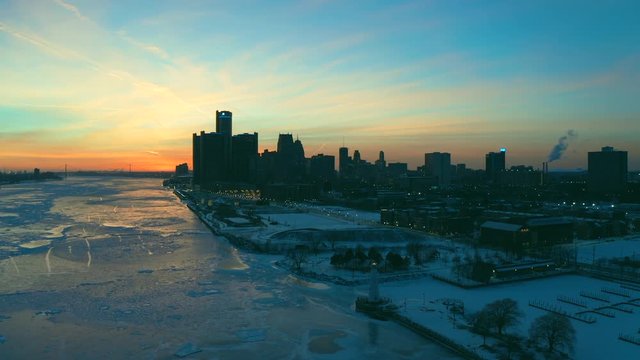Detroit downtown drone view Winter Panorama at Sunset