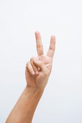 Man hand showing two fingers on white background.