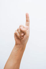 Man hand showing one fingers on white background.