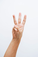Man hand showing three fingers on white background.