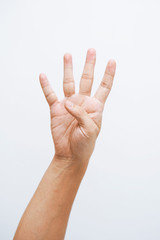 Man hand showing four fingers on white background.