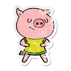 distressed sticker of a happy cartoon pig