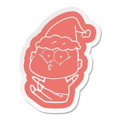 cartoon  sticker of a bald man staring wearing santa hat