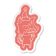 cartoon  sticker of a grinning fox wearing santa hat