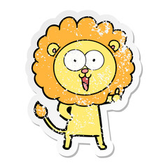 distressed sticker of a happy cartoon lion
