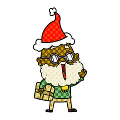 comic book style illustration of a joyful man with beard and parcel under arm wearing santa hat
