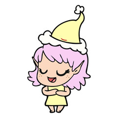 happy line drawing of a elf girl wearing santa hat