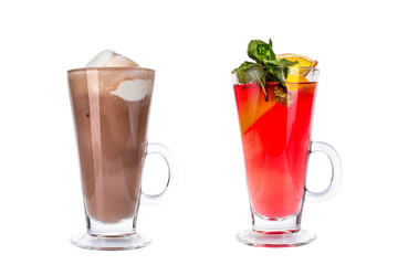 Various colorful cocktails in glass mugs on white background.