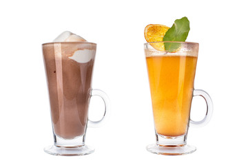 Various colorful refreshing cocktails in glass mugs on white background.