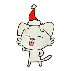 textured cartoon of a dog sticking out tongue wearing santa hat