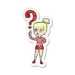 retro distressed sticker of a cartoon woman with question