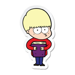 sticker of a nervous cartoon boy holding book