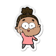 distressed sticker of a cartoon happy old woman