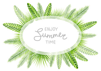Summer background with green tropical leaves border