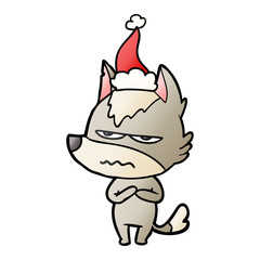 gradient cartoon of a annoyed wolf wearing santa hat