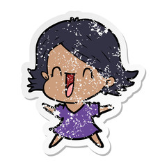 distressed sticker of a cartoon laughing woman