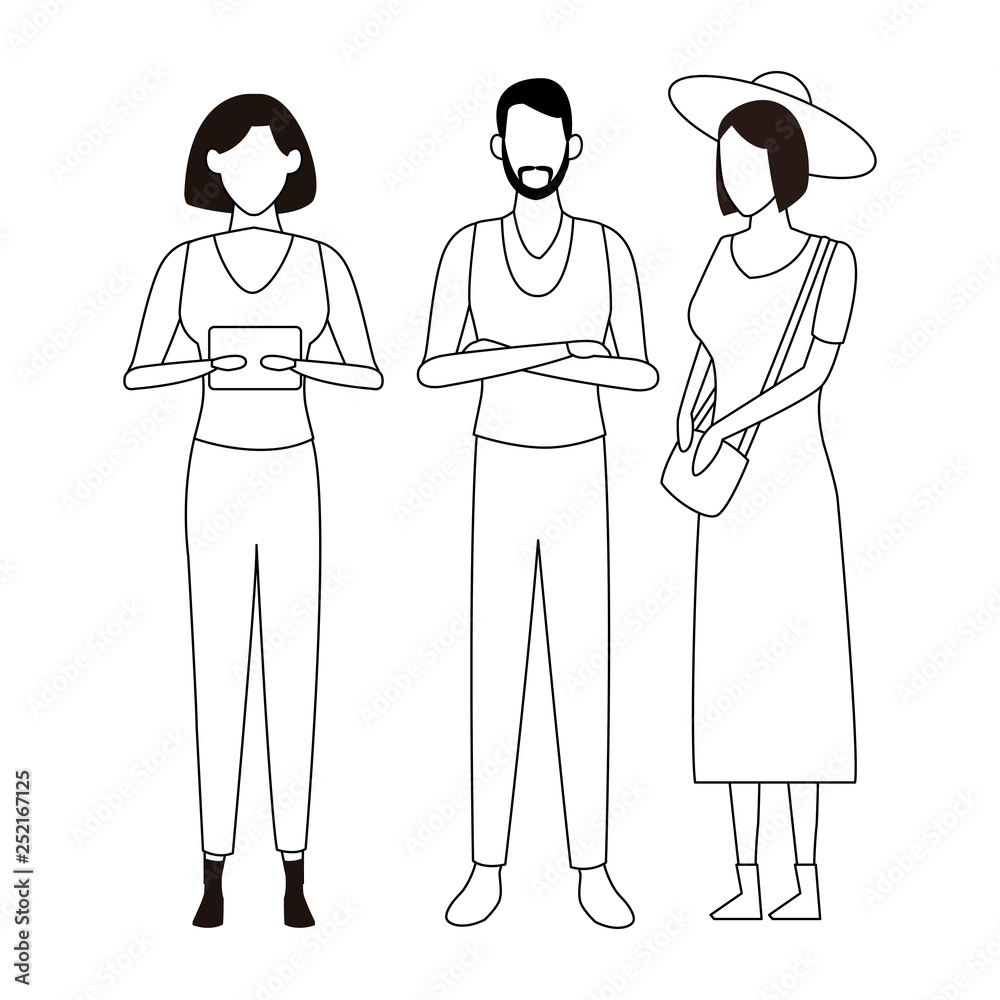 Wall mural casual people cartoon in black and white