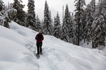 Snowshoeing in the snow during a white winter day. Taken on a hike to Alexander Falls, near...