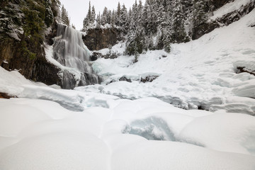 Fototapeta na wymiar Beautiful Canadian Winter Landscape of the Waterfall during a white snowy day. Taken at Alexander Falls, Near Whistler and Squamish, North of Vancouver, BC, Canada.