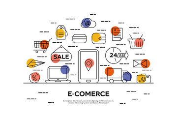 E-comerce concept in thin line style with different icons and colorful spots.