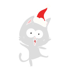 funny flat color illustration of a cat wearing santa hat