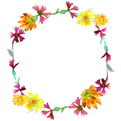 Obraz premium Watercolor Floral Wreath made of Cornflower, chamomile and leaves. Botanical Floral Decoration Texture. Wedding Decoration or card design Isolated on White.