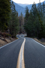 Fototapeta na wymiar Scenic road in the mountains during a vibrant morning sunrise. Taken in Stanislaus National Forest, California, United States of America.