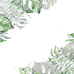Tropical watercolor leaves banner on white background. Exotic floral designs. Hand drawn illustration