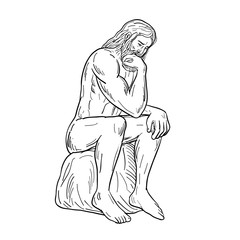 Drawing sketch style illustration of a man or thinker with full beard sitting down thinking on isolated white background done in black and white.