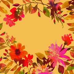 Watercolor Floral pattern frame made of abstract orange and purple garden flowers with Foliage. Backround for placing a text.