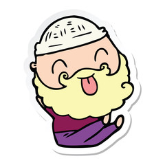 sticker of a sitting man with beard sticking out tongue