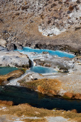 View of natural Hot Springs at Hot Creek Geological Site. Located near Mammoth Lakes, California, United States.
