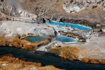 View of natural Hot Springs at Hot Creek Geological Site. Located near Mammoth Lakes, California, United States.
