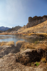 View of natural Hot Springs at Hot Creek Geological Site. Located near Mammoth Lakes, California, United States.