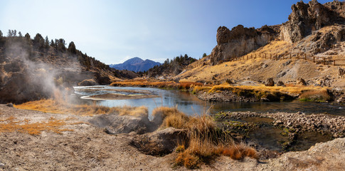 View of natural Hot Springs at Hot Creek Geological Site. Located near Mammoth Lakes, California, United States.