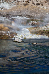 View of natural Hot Springs at Hot Creek Geological Site. Located near Mammoth Lakes, California, United States.