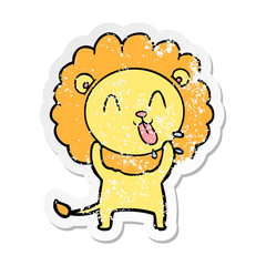 distressed sticker of a happy cartoon lion