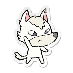 distressed sticker of a friendly cartoon wolf