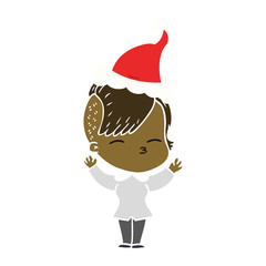 flat color illustration of a squinting girl wearing santa hat