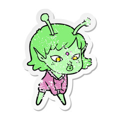 distressed sticker of a pretty cartoon alien girl