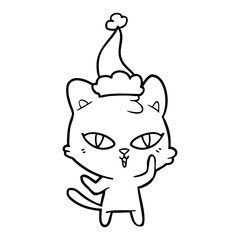line drawing of a cat wearing santa hat