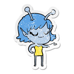distressed sticker of a smiling alien girl cartoon