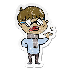 distressed sticker of a cartoon boy wearing spectacles